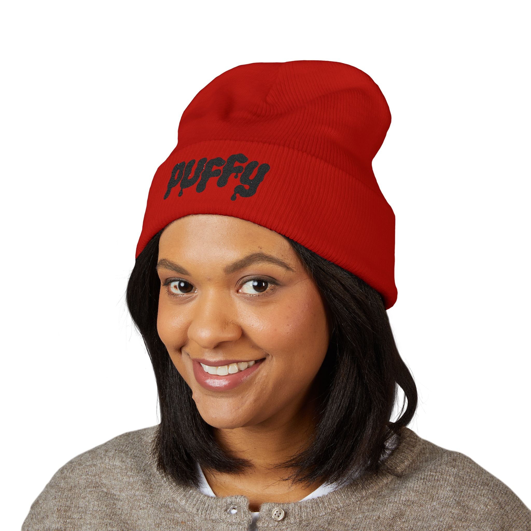 Puffy Embroidery Cuffed Beanie