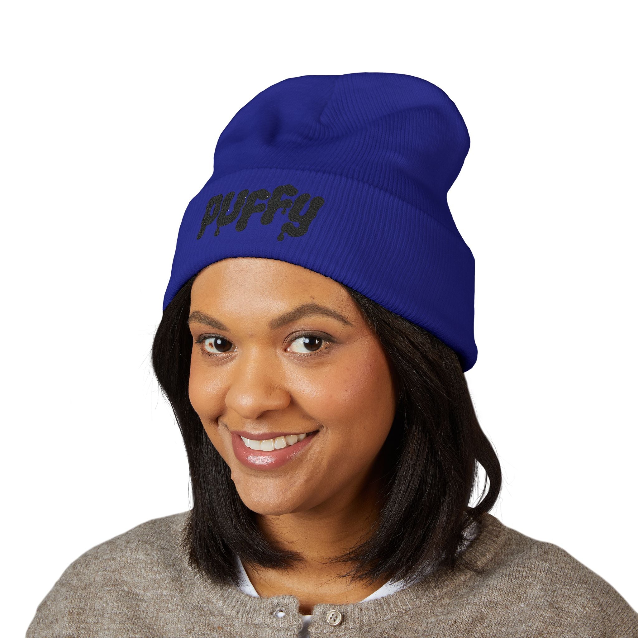 Puffy Embroidery Cuffed Beanie