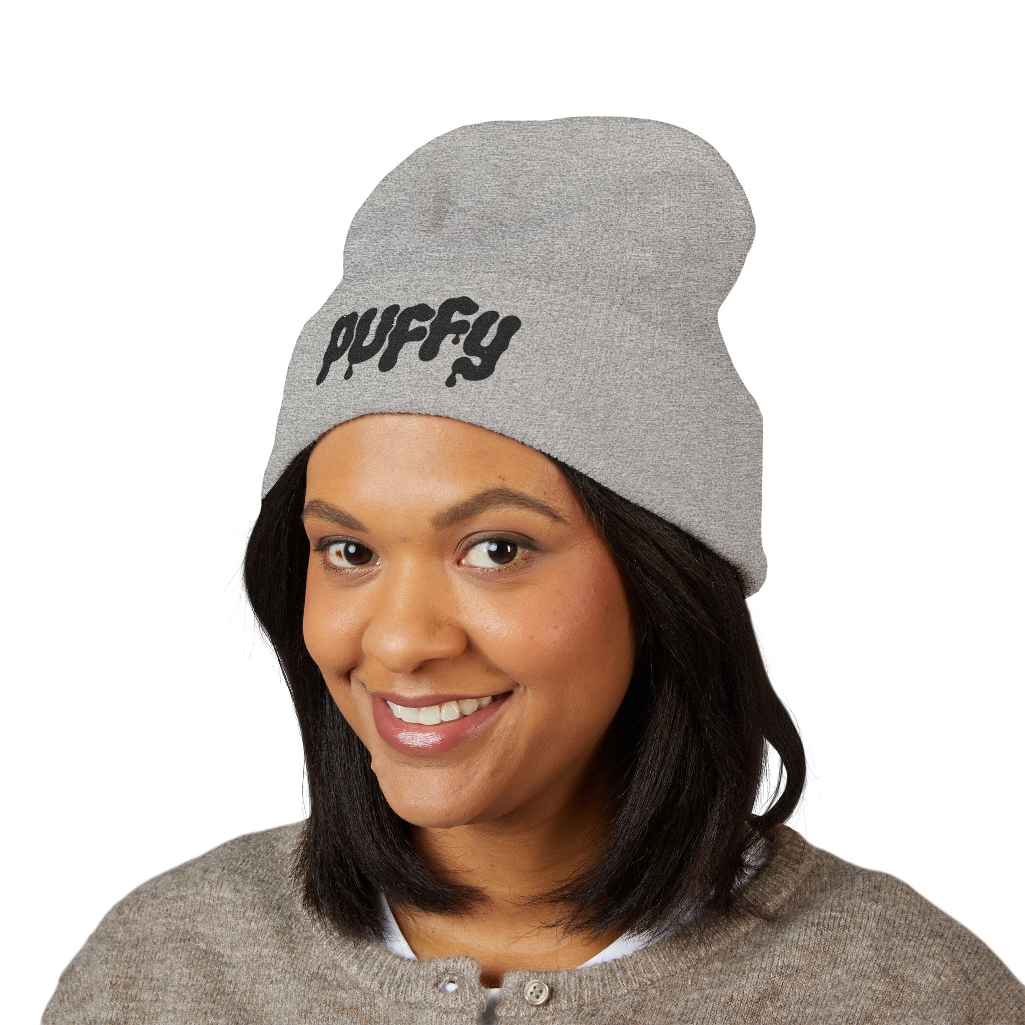 Puffy Embroidery Cuffed Beanie